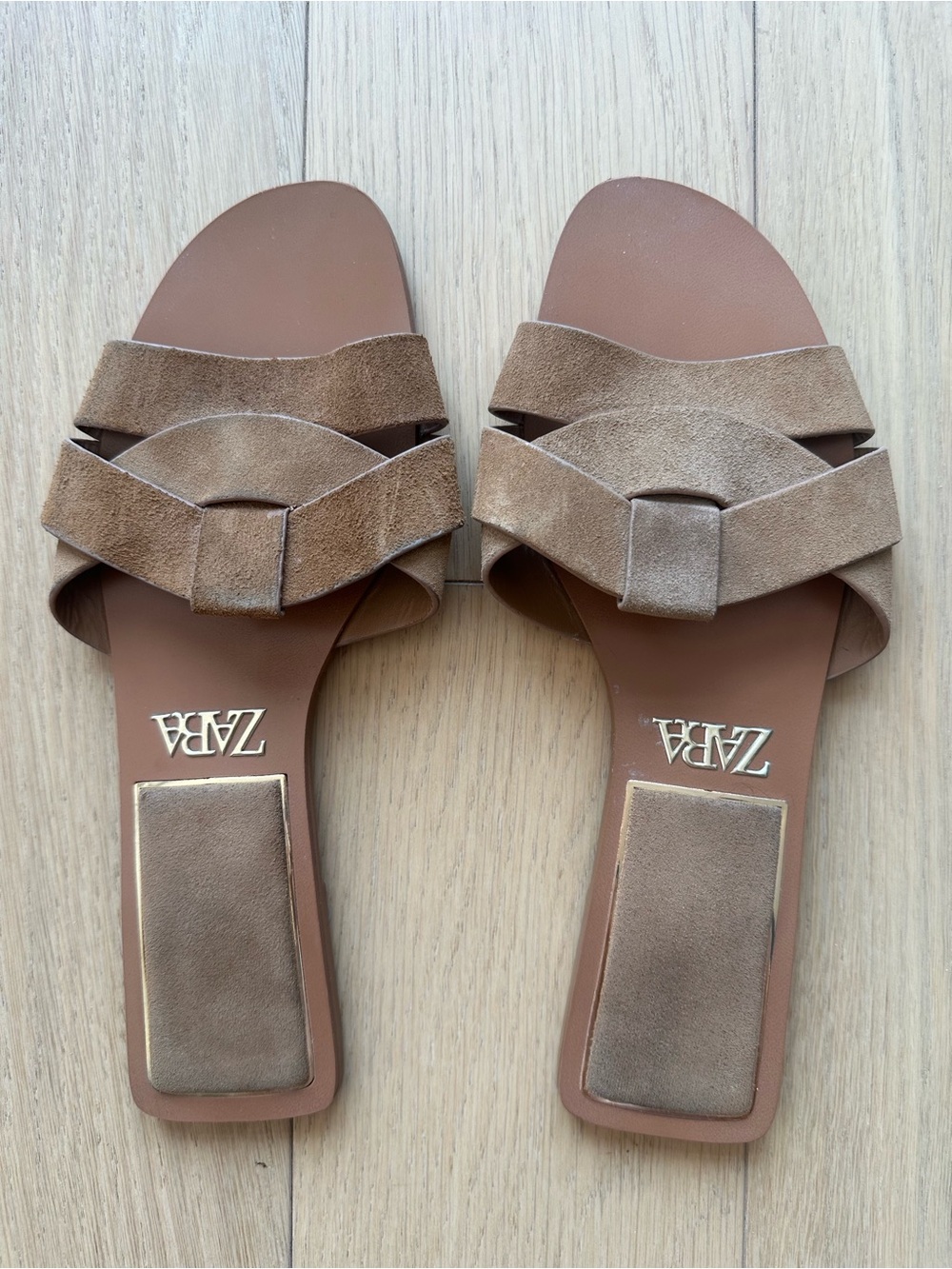 ZARA Suede Brown Slide Sandals with Woven Strap